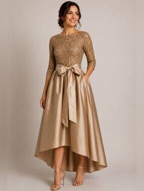 Pisarro Nights Beaded Bodice High Low Gown Champagne Gold Size 8 NWT